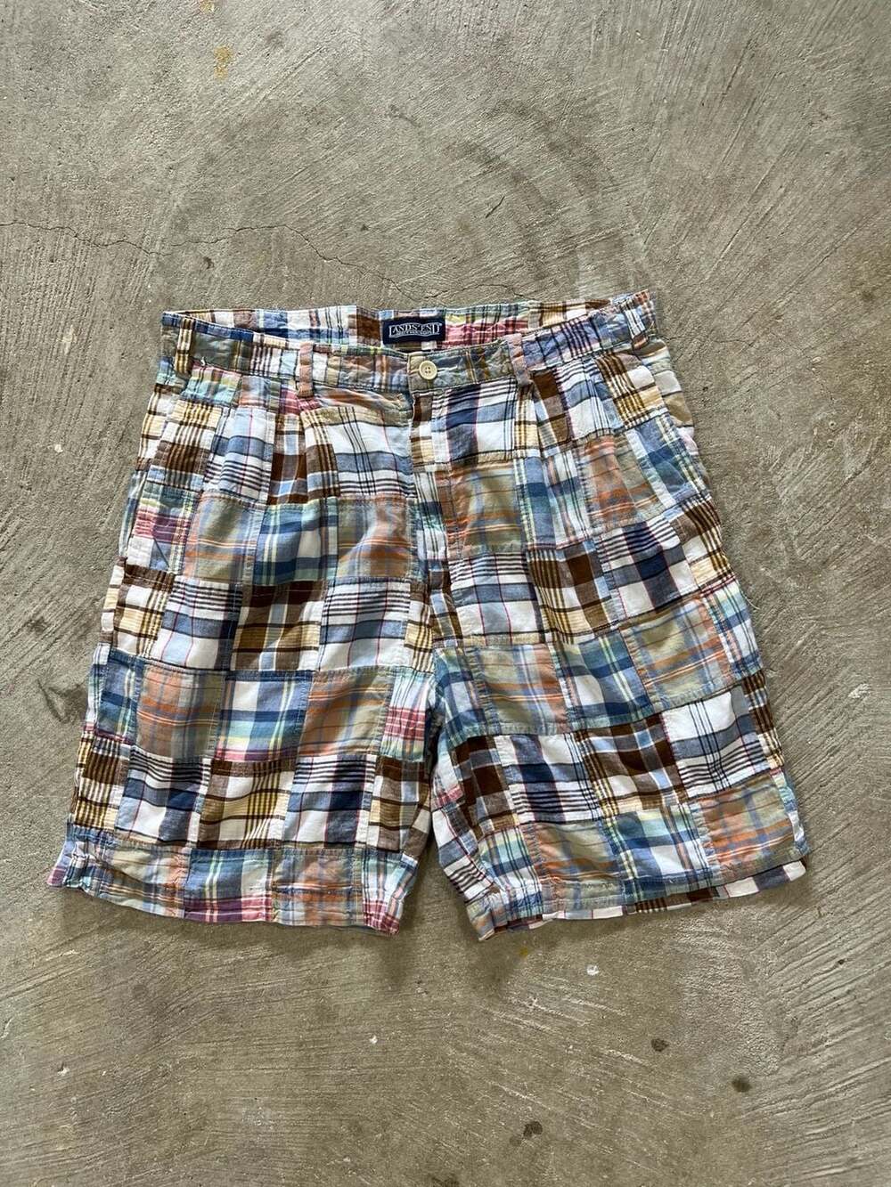 Vintage 90s Lands’ End Men’s Madras Patchwork Plaid Shorts 32 7” Inseam